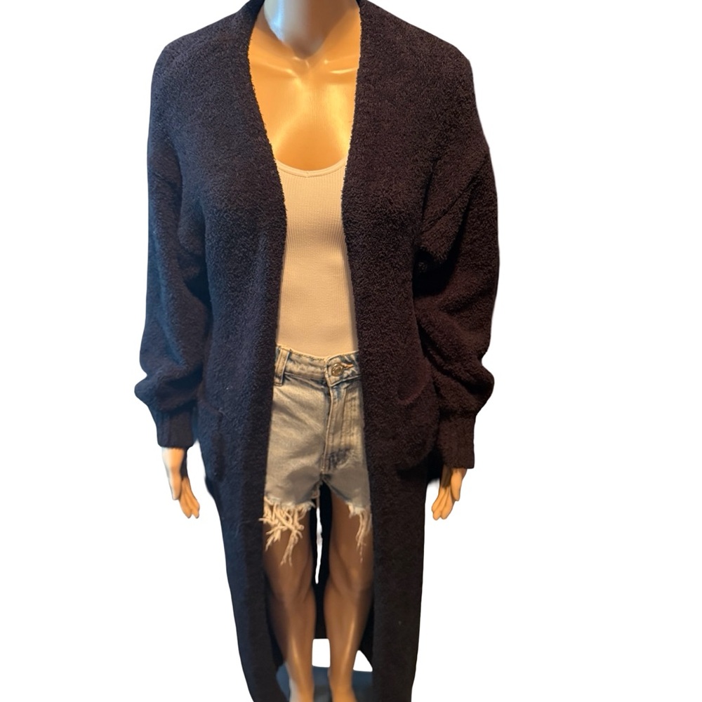Fashion Nova Black Textured Open-Front Long Cardigan